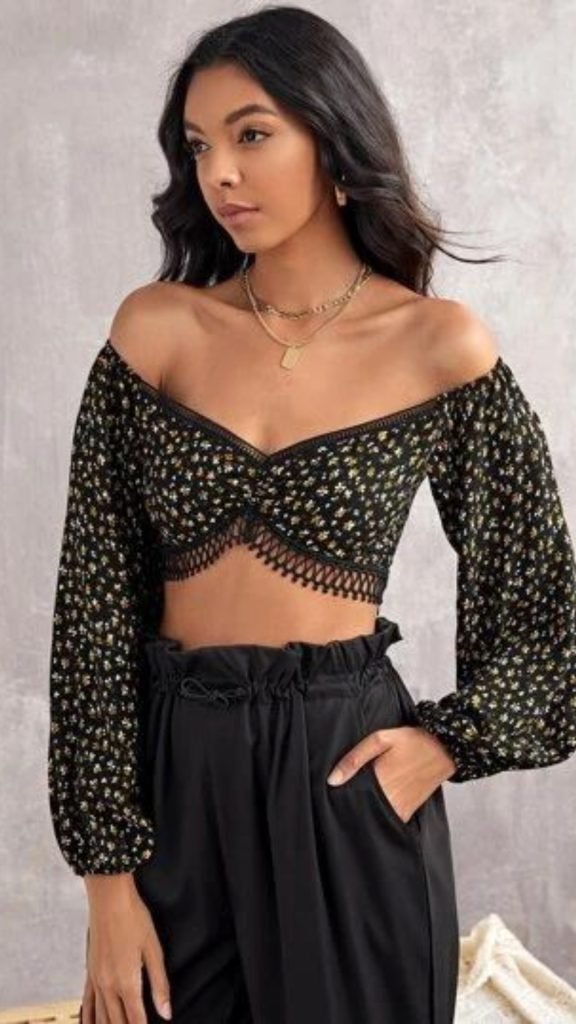 Ditsy Floral Print Bardot Crop Top & Skirt Set