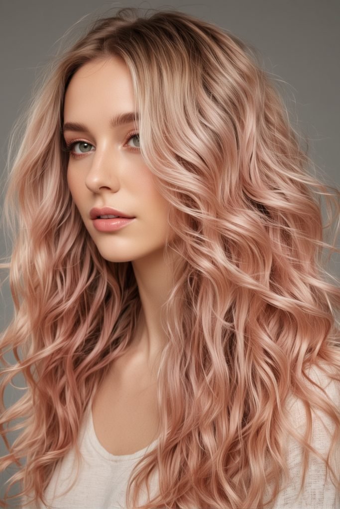 Long Wavy Blonde Hair with Rose Gold Highlights