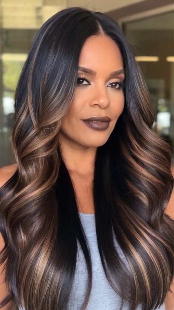 Chocolate Brown Highlights in Black Hair