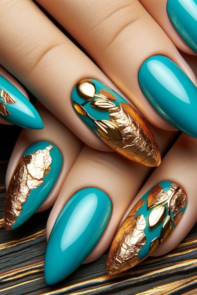 Turquoise and Gold Foil Nail Design