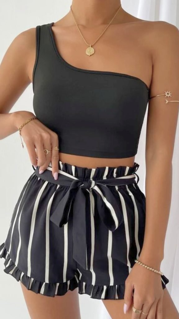 One-Shoulder Tank with Striped Shorts