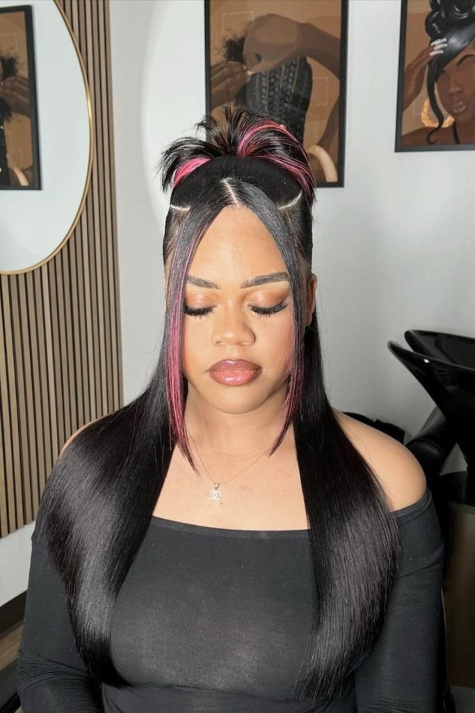 Pink Streak Sleek Half-Up Hairstyle