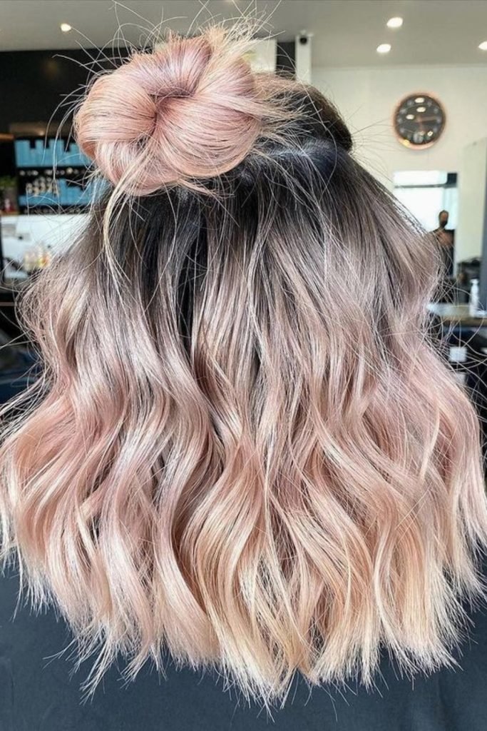 Rose Gold Waves with Messy Bun