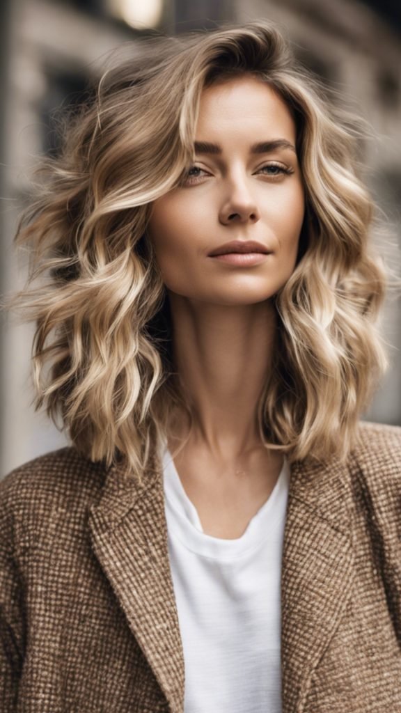 16. Wavy Lob with Random Blonde Highlights
