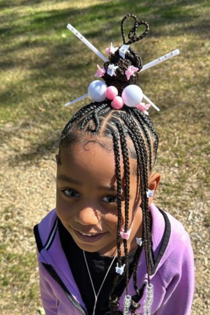 Playful Top Knot Goddess Braids with Beads