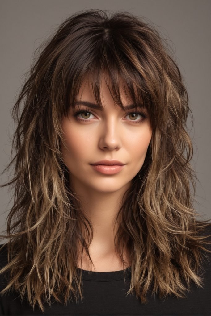 18. Playful Long Shag with Dark Roots