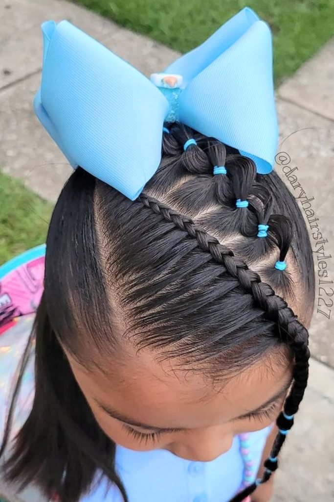 Twisted Ribbon Ponytail with Blue Bow Hairstyle