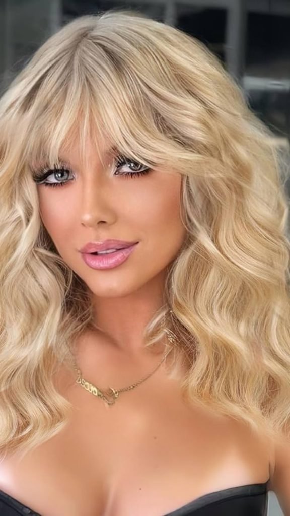 Blonde Curly Lob with Cute Bangs