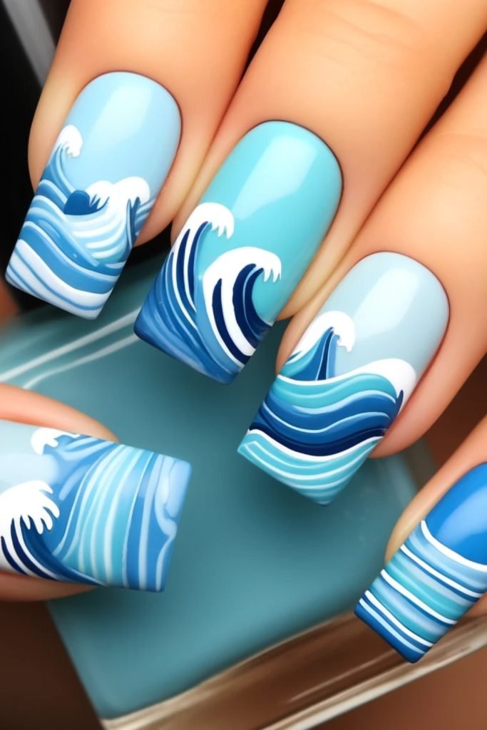 Cool Blue Waves Nail Design