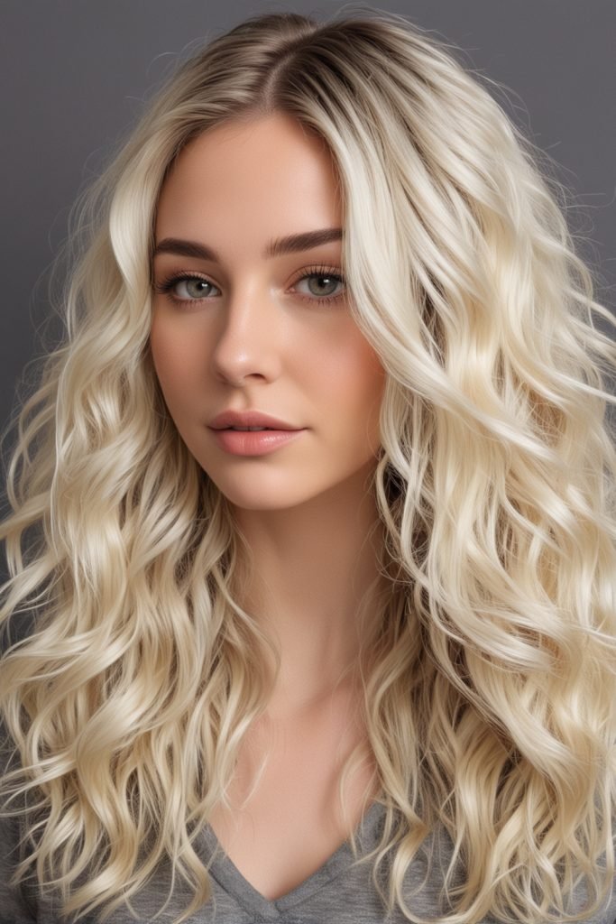 Long Wavy Platinum Blonde Hair with Shadow Root