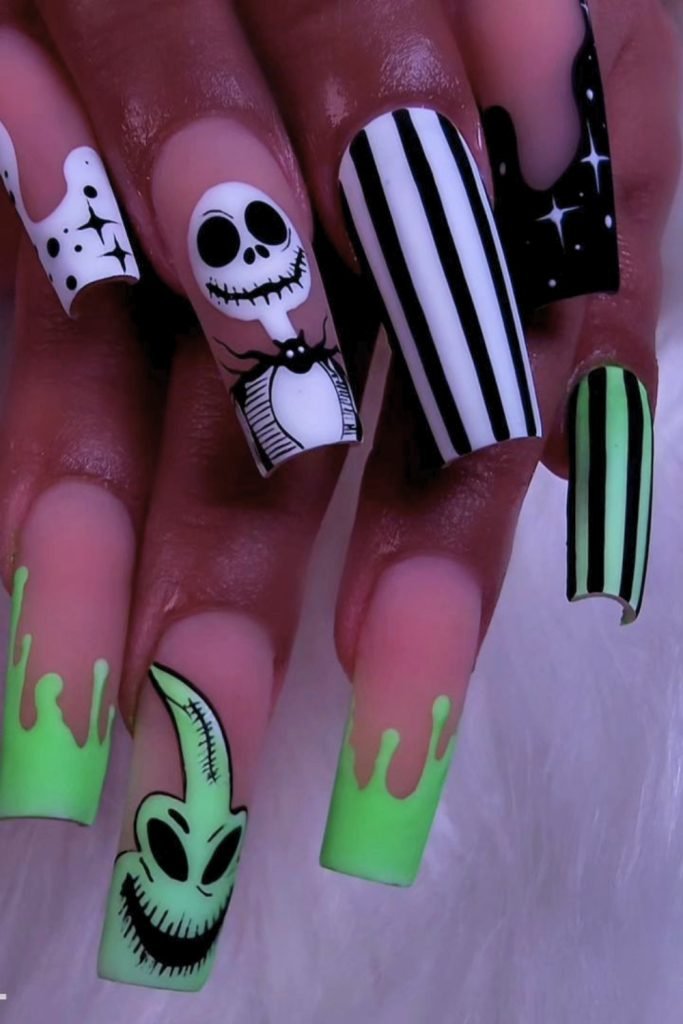 Nightmare Stripes & Smiles Acrylic Nails