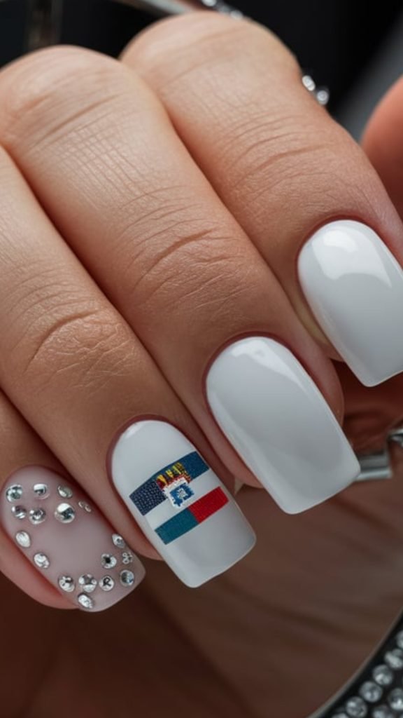 Square White Nails with Dominican Flag Accent and Rhinestones