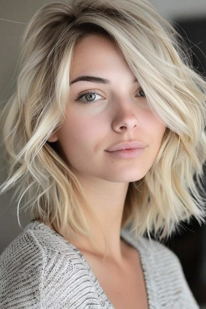 20. Textured Blonde Lob with Side-Swept Bangs
