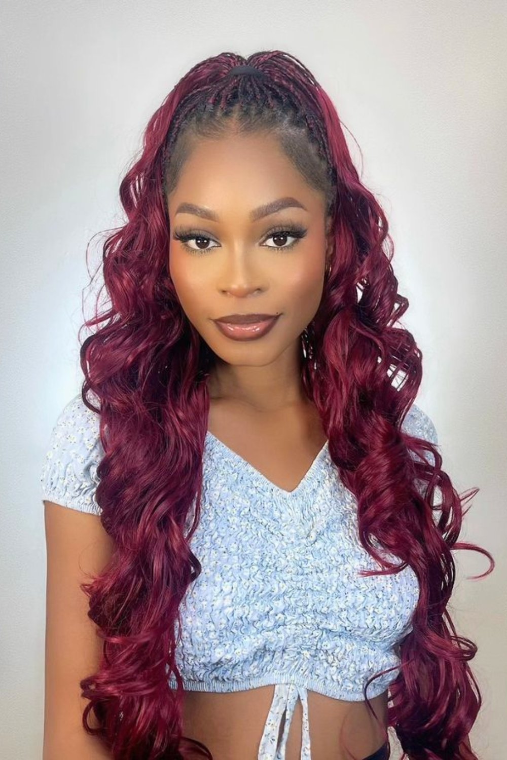21. Burgundy Half-Up French Curls