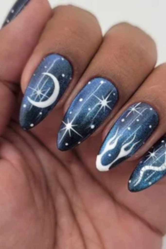 Mystic Blue Nail Design with Moon Phases