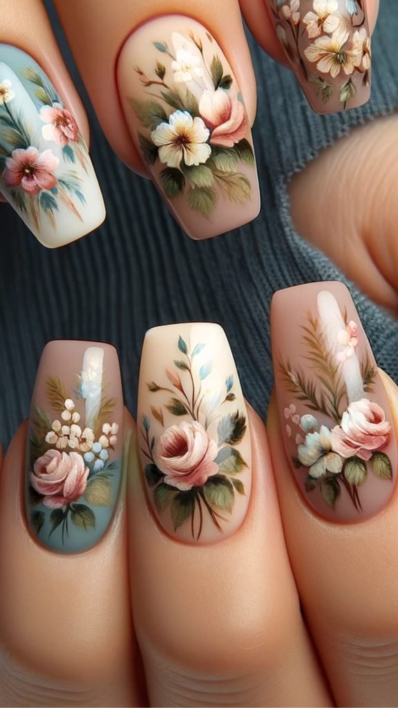 Vintage Floral Nail Art Design