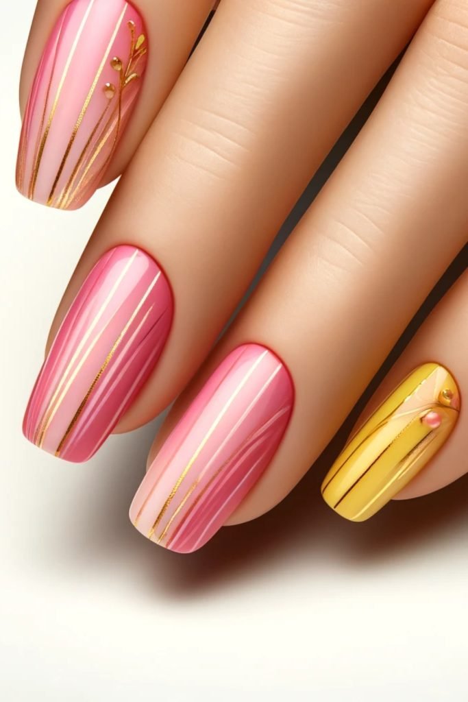 25. Pink and Yellow Nails with Gold Lines