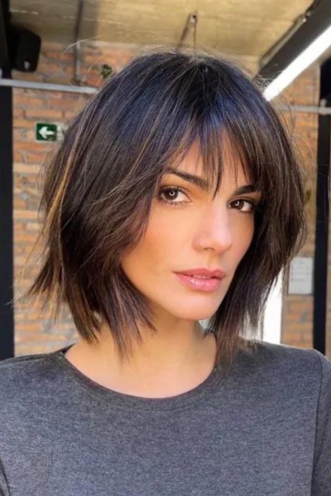 Brunette Feathered Bob with Piece-y Bangs