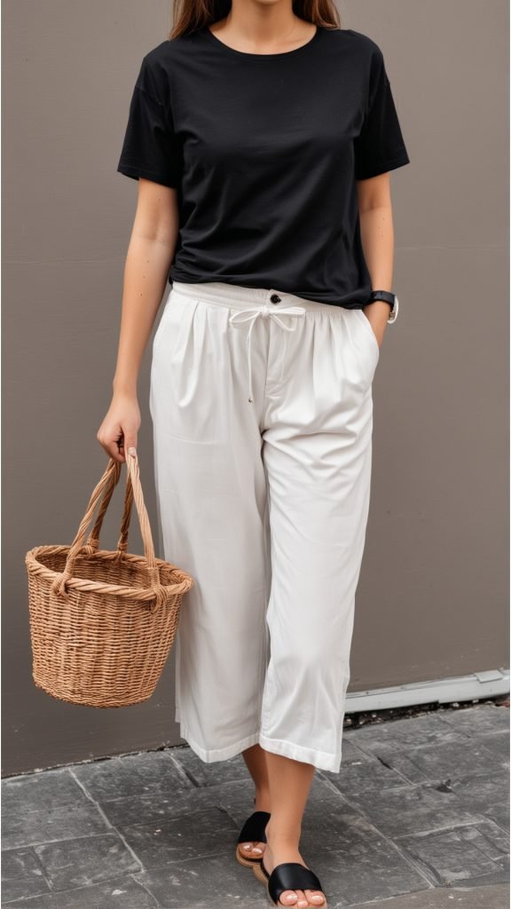 Black Tee and White Culottes Outfit
