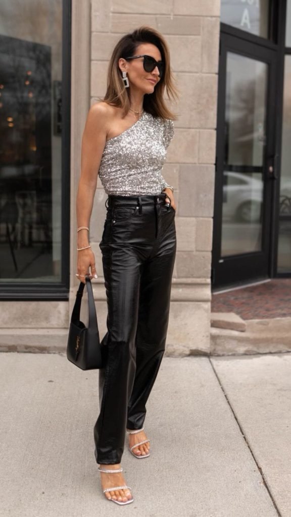 Glitter Top and Leather Trousers Outfit