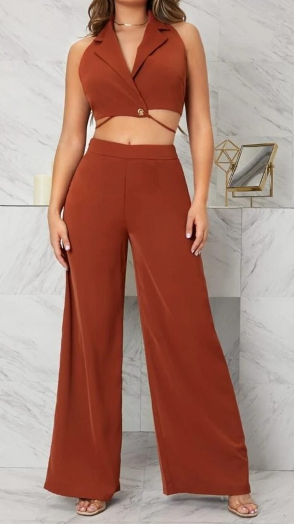 3. SHEIN Notched Collar Cross Wrap Tie Back Halter Top & Wide Leg Pants