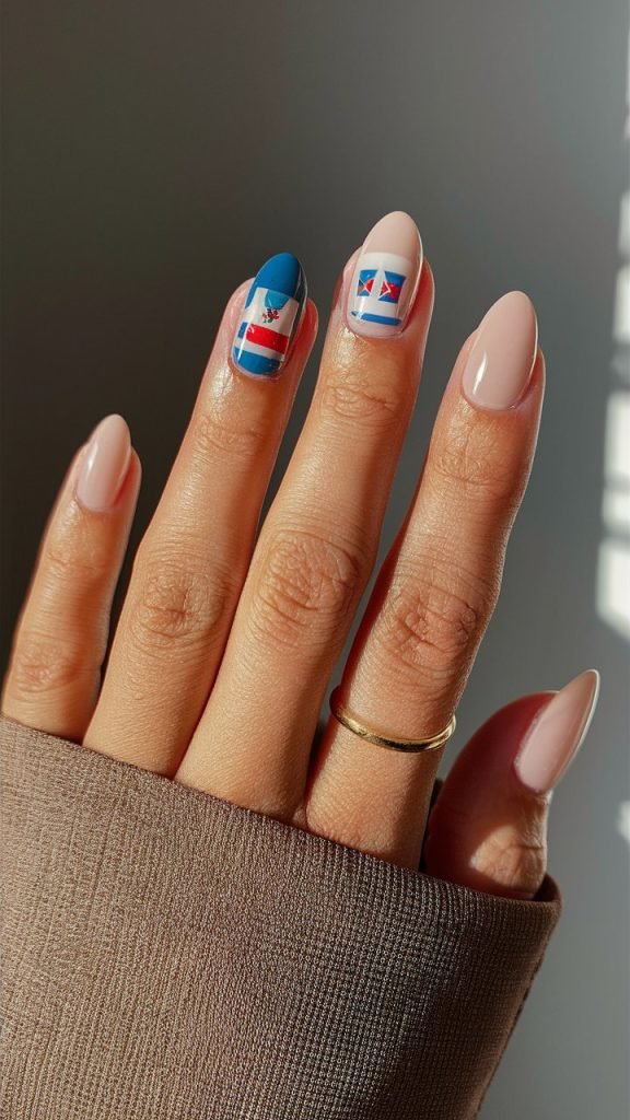 Short Nude Squoval Nails with Dominican Flag Accent
