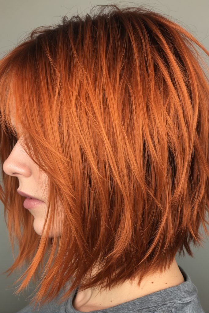 Bright Copper Razored Lob Hairstyle