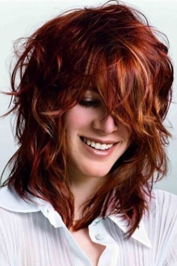 Dark Auburn Mid-Length Shag with Bangs - 32 Trendy Hairstyle