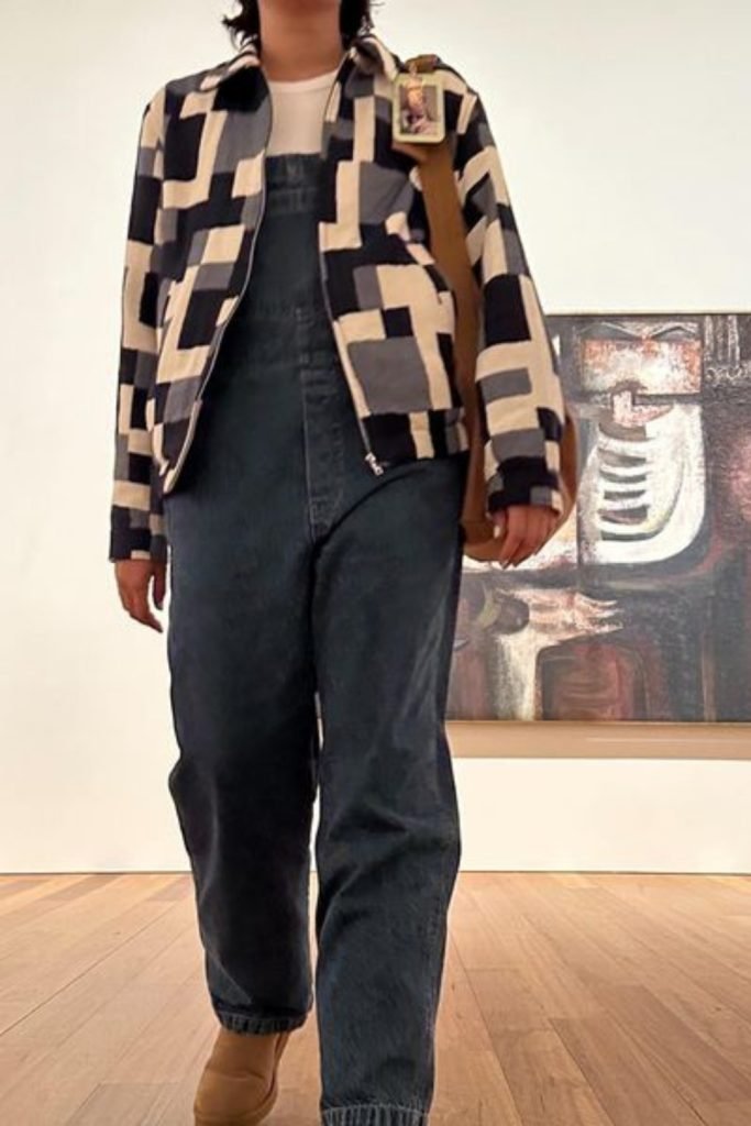 4. Geometric Jacket with Denim Overalls