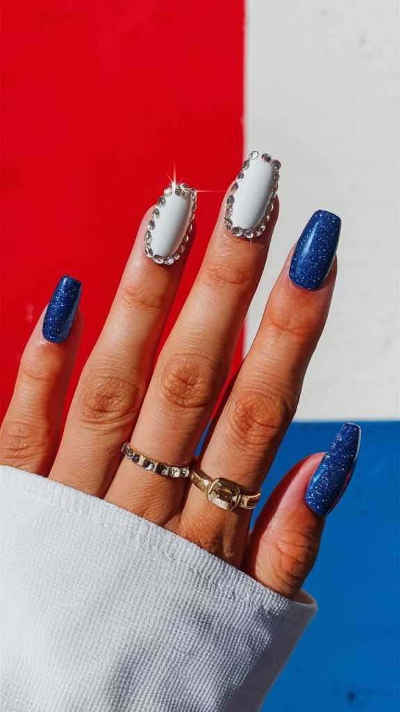Red, White, and Blue Dominican Flag Nails with Glitter and Rhinestones