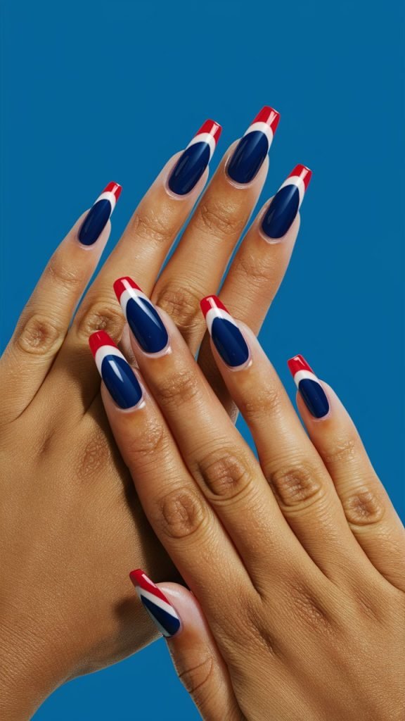 Blue and Red Oval Nails with Striped French Tip