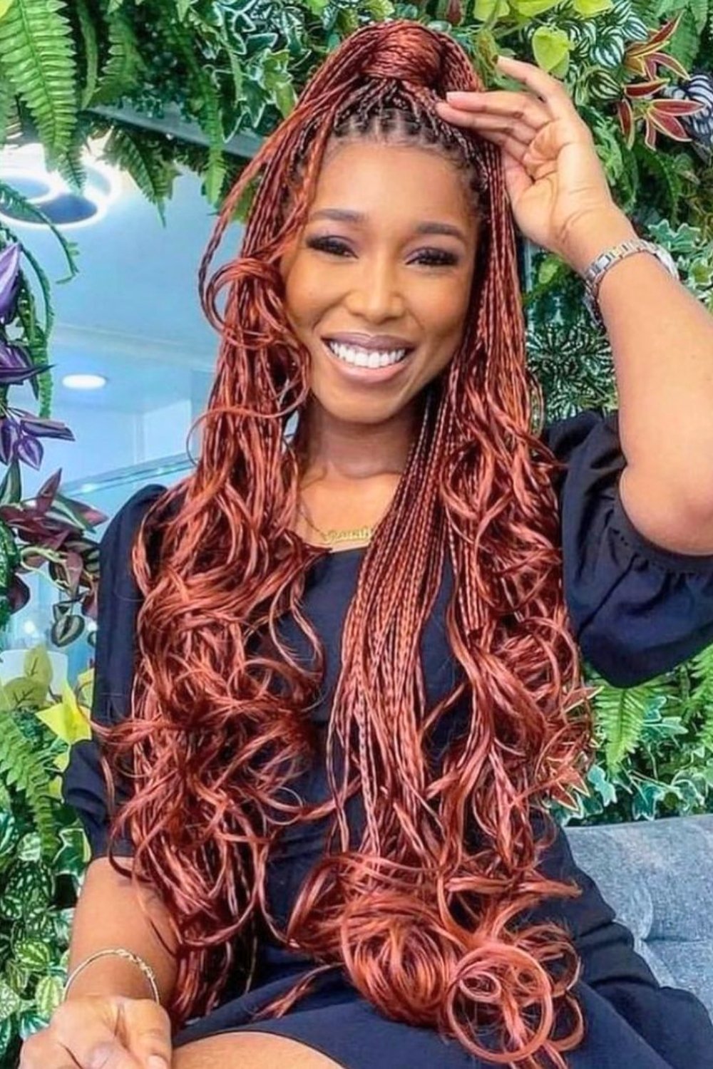 Burgundy Braided French Curls Half-Up Hairstyle