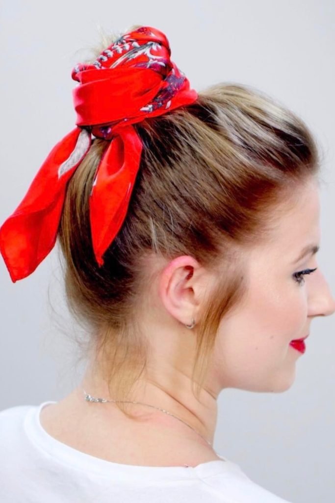 Messy Top-Knot with Scarf Hairstyle