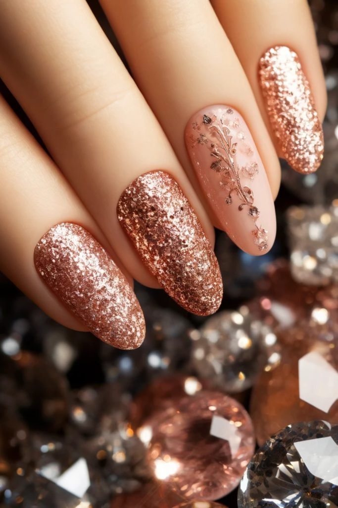 Rose Gold Glitter Almond Nails