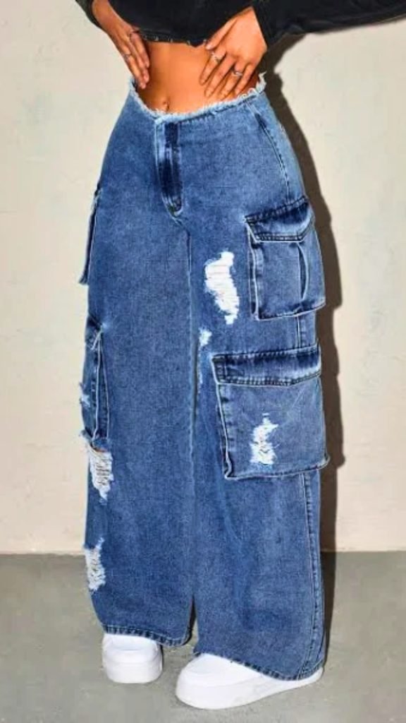SHEIN EZwear Patched Detail Flap Pocket Wide Leg Jeans