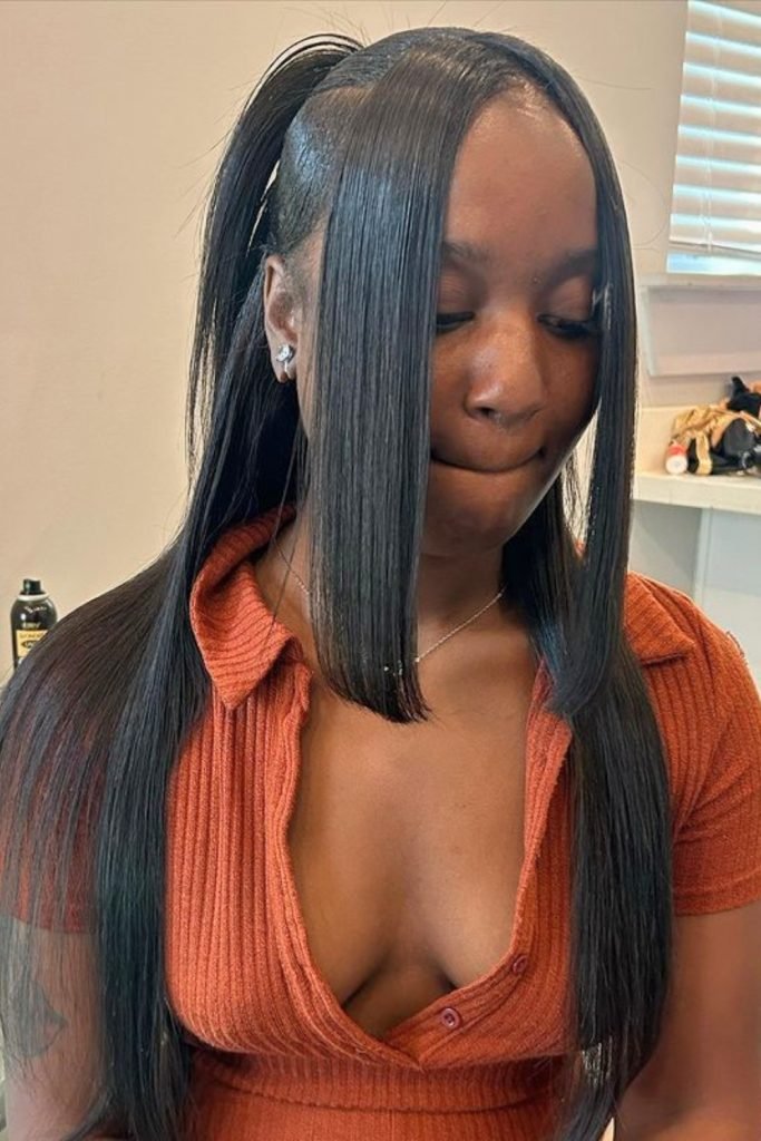Sleek High Ponytail with Blunt Bangs