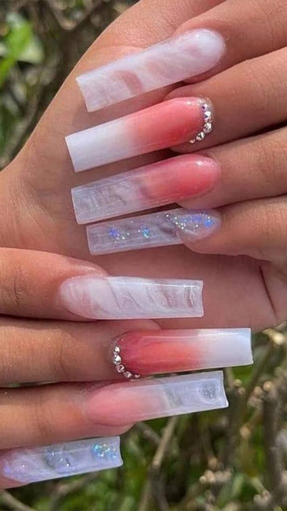 6. Baddie Coffin Nails with Rhinestones