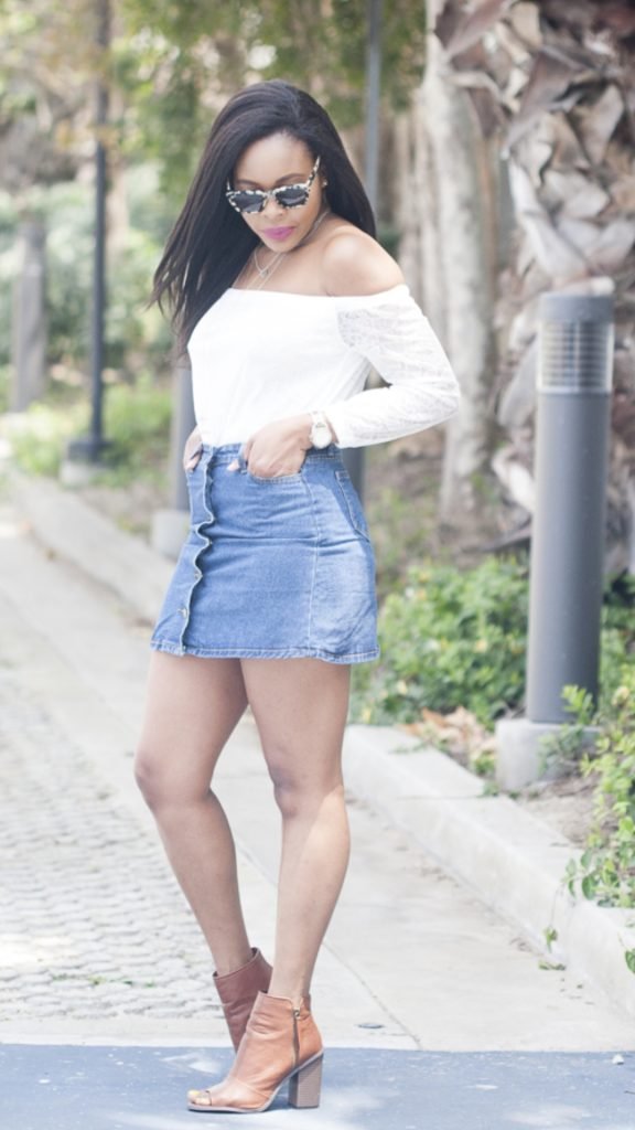 Denim Skirt and Off-Shoulder Top Outfit