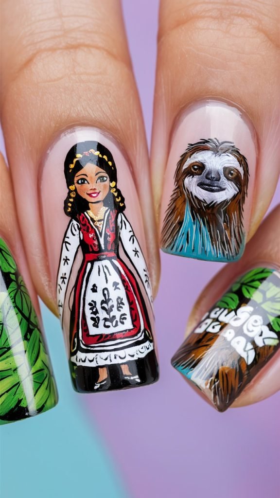 Dominican Girl in National Dress and Sloth Nail Art