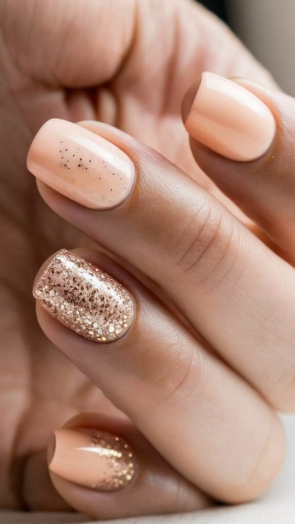 Gold Flecked Peach Nail Design
