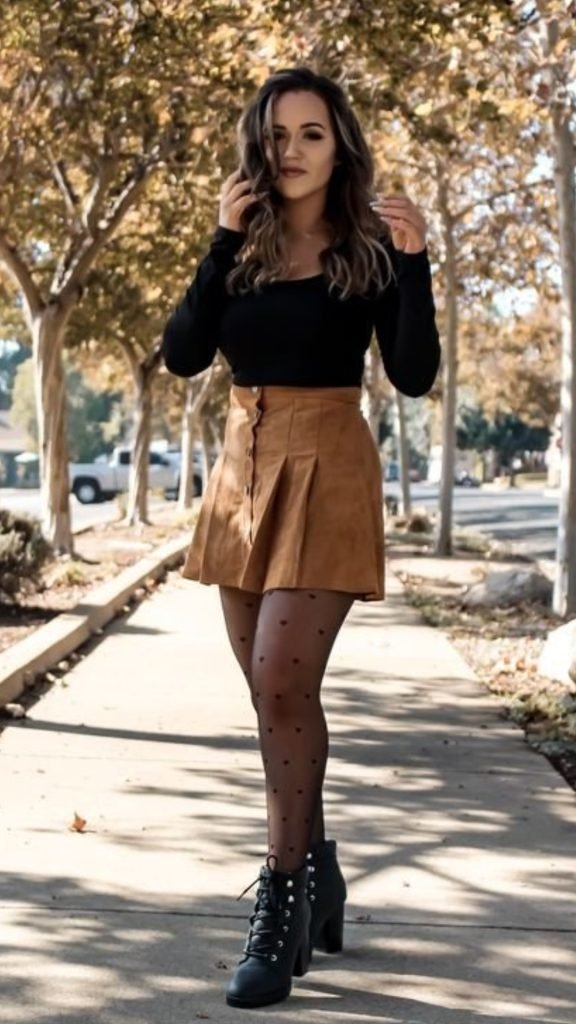 Suede Mini Skirt and Cropped Tee Outfit