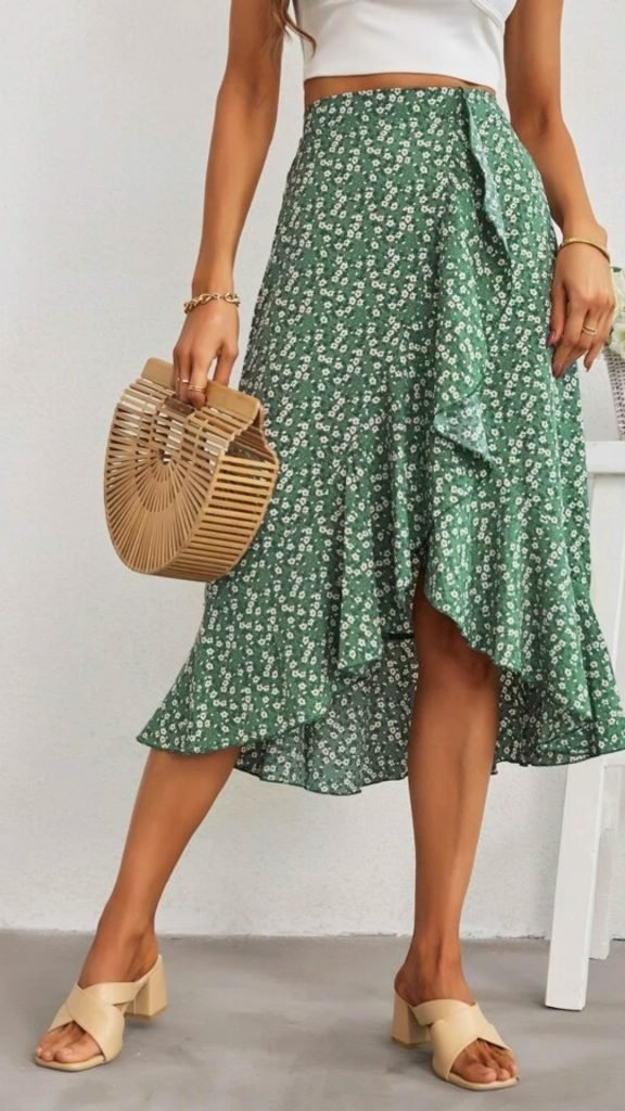 7. Ditsy Floral Print Ruffle Trim Wrap Skirt