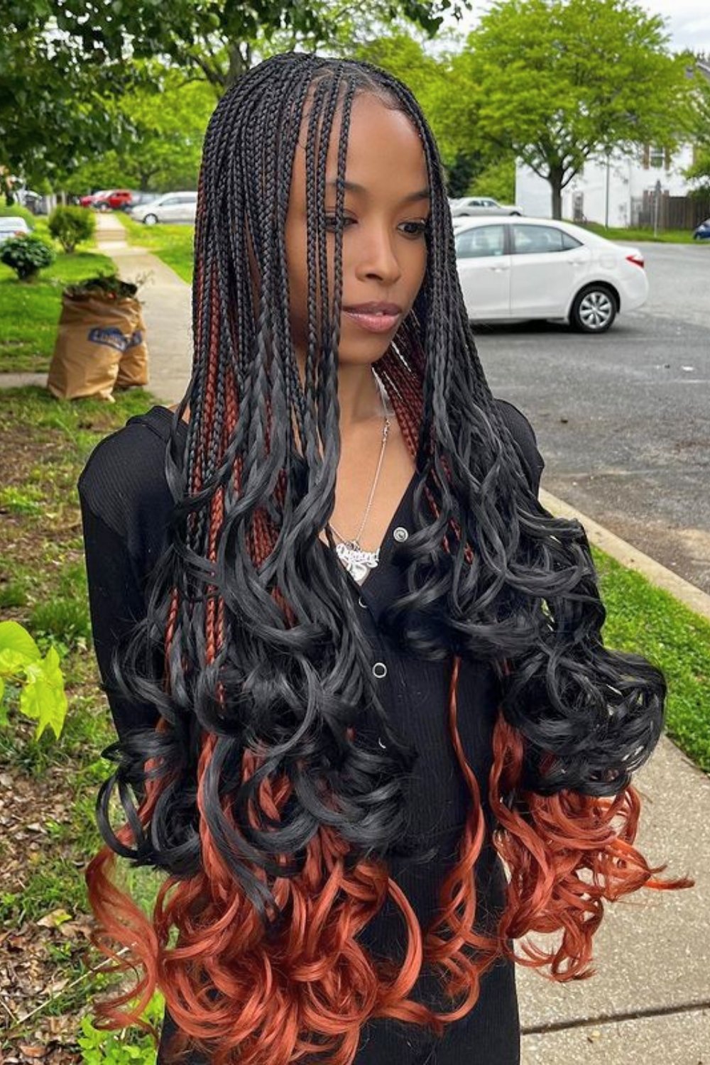 Fiery Black and Red French Curls Hair Style