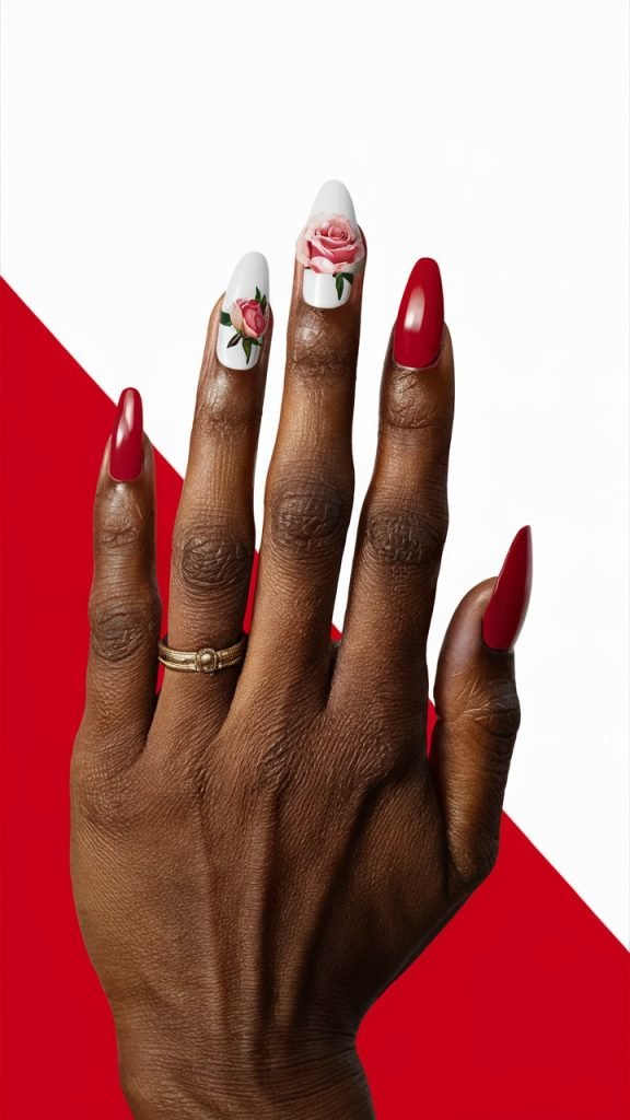 Red and White Bayahíbe Rose Nail Art