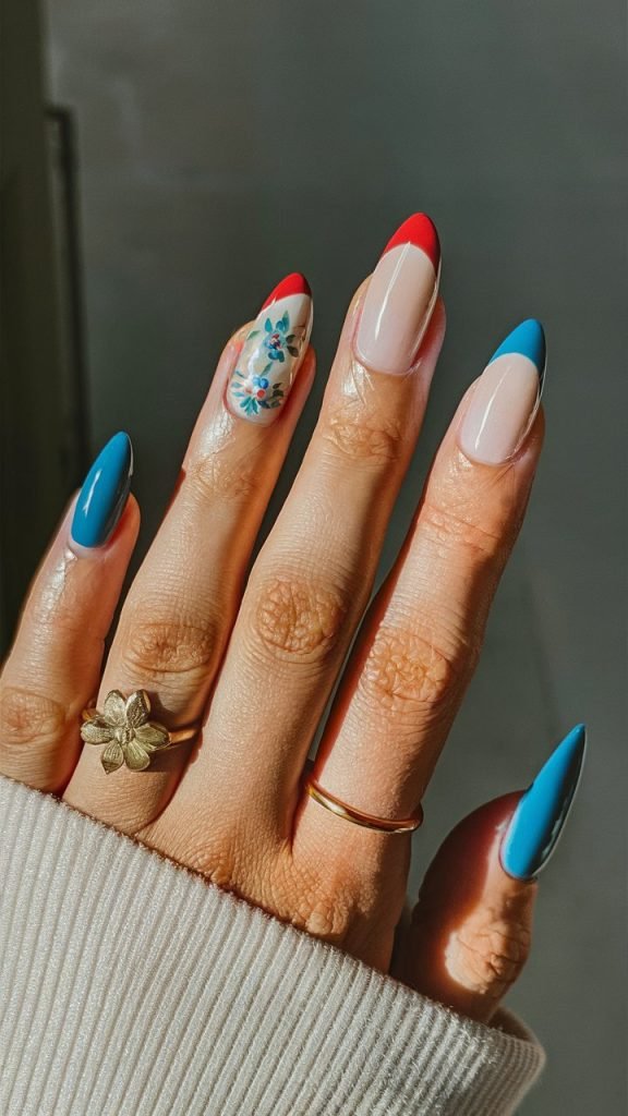 Dominican Flag Colors French Mani and Floral Accent