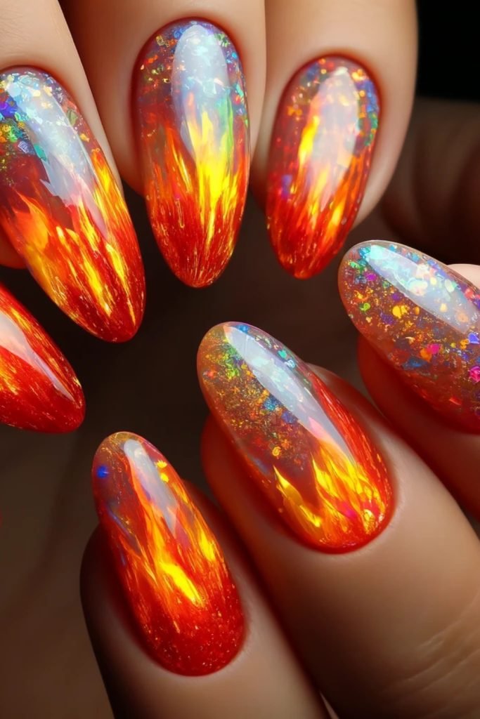 Fire Opal Almond Nails