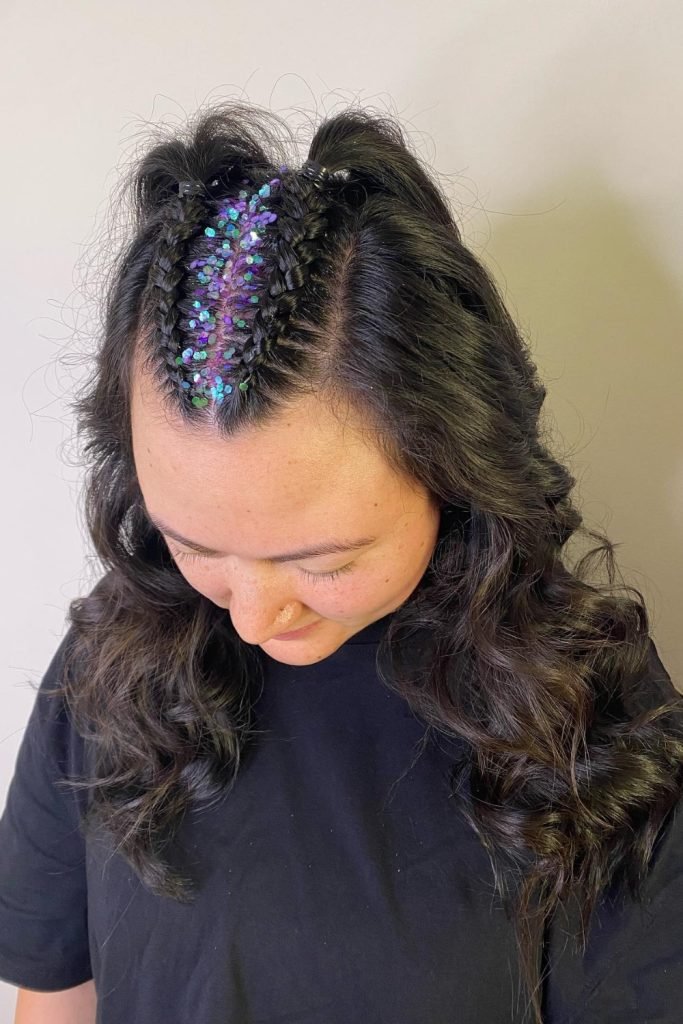 Glitter Braided Mohawk with Soft Waves
