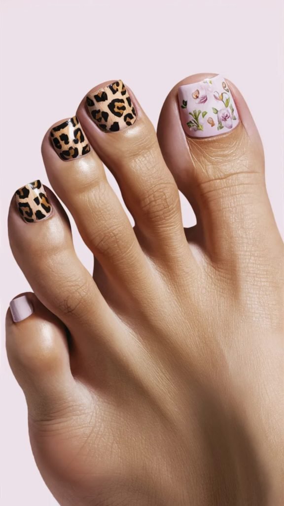 Leopard Print and Floral Nail Design