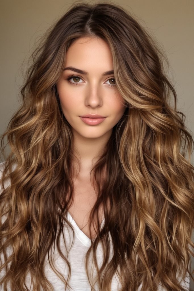 Long Wavy Brunette Hair with Honey Blonde Highlights