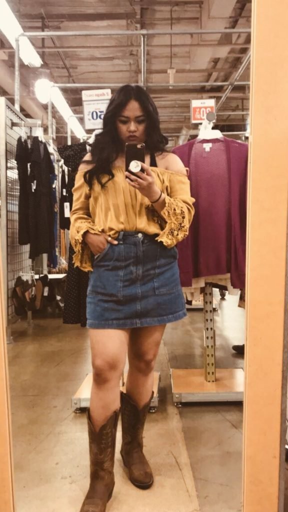 Long Cowboy Boots and Denim Skirt
